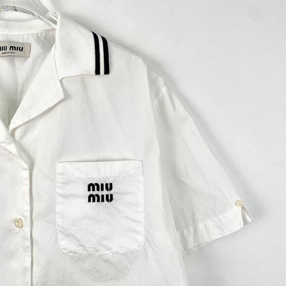 Miu Miu 2023 White Logo Letter Embroidered Cotton Short Sleeve Shirt - Picture 3 of 8